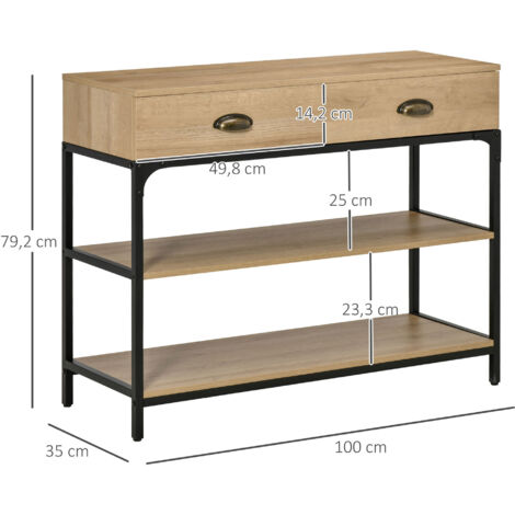 Mesa de Entrada con 2 Cajones y 2 Estantes de Almacenamiento Marco de Acero 100x35x79,2 cm Roble (1/5)