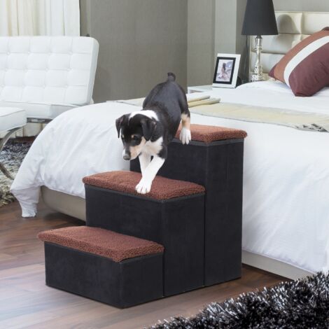 PawHut Escalera para Mascotas de 3 Peldaños Plegable con Tapas Abatibles y Espacio de Almacenamiento 3 Escalones de Perros Gatos Pequeños para Cama Sofá 40x54x48 cm Negro