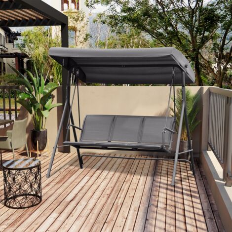 Outsunny Columpio Balancín Jardín de 3 Plazas con Techo Parasol Ajustable Respaldo Transpirable y Marco de Acero para Terraza Balcón Exterior 175x118x159 cm Gris