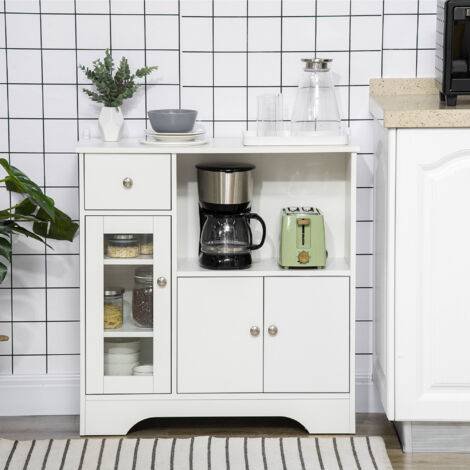 HOMCOM Aparador de Cocina Moderno con Puerta de Vidrio Mueble Auxiliar de Almacenaje para Comedor 80x30x82 cm Blanco