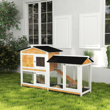 PawHut Conejera de Madera Exterior Jaula para Conejos de 2 Niveles con Techo Asfáltico 2 Corrales de Metal Bandeja Extraíble 2 Puertas y Rampa 157,4x53x93,5 cm Natural (1/5)