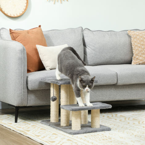 Escalera para Gatos de 3 Peldaños Altura Ajustable con Postes Rascadores y Bola Colgante Carga 10 kg 52x34,5x54 cm Gris