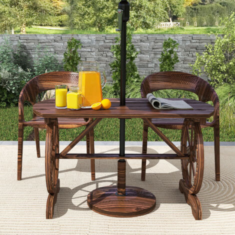 Mesa de Jardín de Madera de Abeto con Patas en Forma de Rueda Orificio para Sombrilla 120x63x70 cm Acabado Carbonizado (1/5)