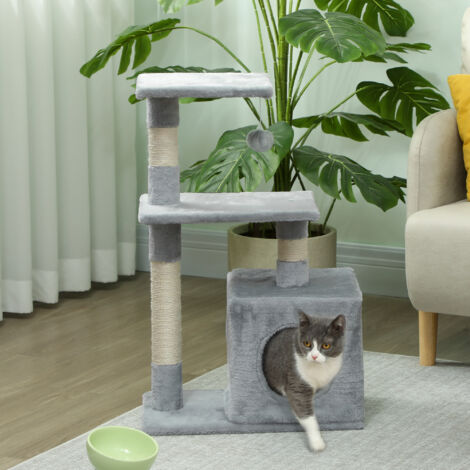 PawHut Árbol Rascador para Gatos 81,5 cm Torre para Gatos con Postes de Sisal 2 Plataformas Cueva y Bola Colgante Estilo Elegante 50x30x81,5 cm Gris (1/5)
