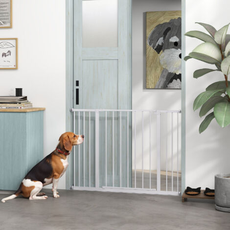 PawHut Barrera de Seguridad Extensible Puertas y Escaleras Metálica para Perros y Bebé Barrera Puertas Mascota 2 Extensiones 15/10 cm, 76-107x76 cm Blanco (1/5)