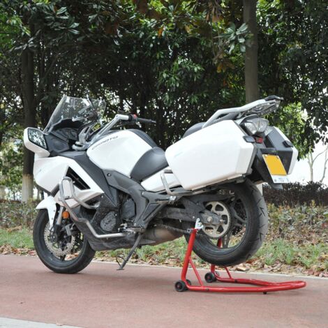 HOMCOM Caballete de Moto Soporte Posterior Universal Portátil y Móvil Tipo Elevador de Acero con 2 Horquillas y Ruedas 80x50x40 cm Color Rojo (1/5)