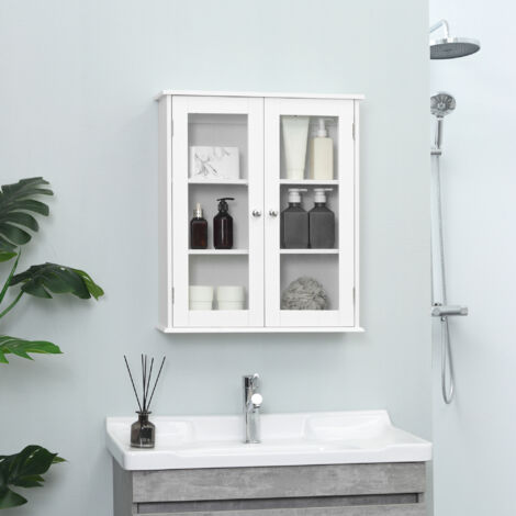 kleankin Armario de Pared Baño de 2 Puertas de Cristal Armario Colgante Multiusos para Cocina Salón con Estantes Interiores y Balda Ajustable 55x20x65 cm Blanco