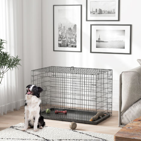 Jaula para Perros Plegable Transportín para Perros con 2 Puertas Bandeja Extraíble Asa de Transporte 92x57x62,5 cm Negro (1/5)