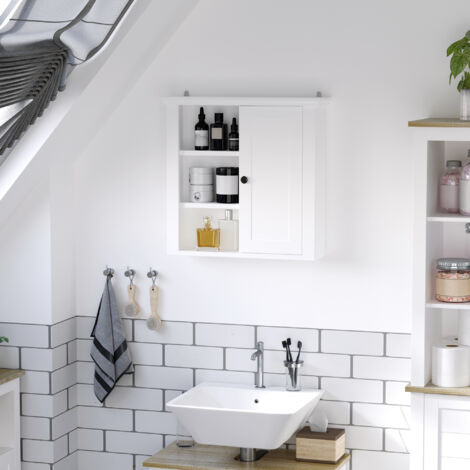 HOMCOM Armario de Baño de Pared Multifuncional Gabinete para Ahorro de Espacio con 3 Niveles Abiertos 1 Puerta Estante Ajustable Antivuelco 53x14,5x50,5 cm Blanco