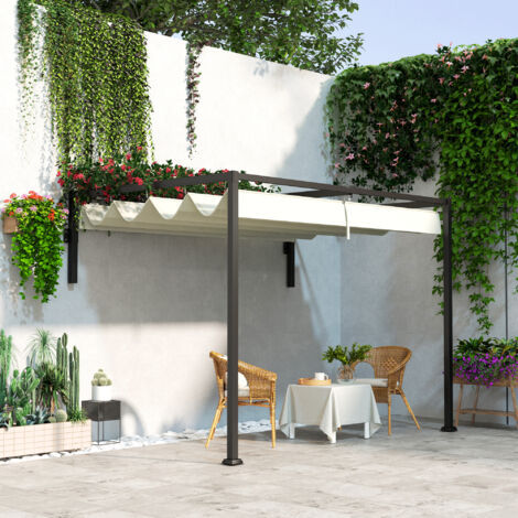 Pérgola de Pared 3x2 m con Techo Retráctil Tela de Poliéster Resistente al Agua para Jardín Patio Crema