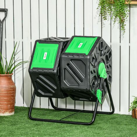 Compostador Giratorio 130L Contenedor Compostaje Doble Cámara Aberturas de Ventilación Patas de Acero 67x60x77 cm Negro