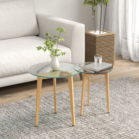 Set de 2 Mesas Auxiliares Modernas de Ø50x45 cm y Ø40x40 cm con Encimera de Vidrio Templado y Estructura de Acero