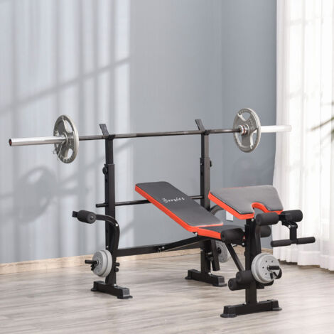 HOMCOM Banco de Pesas Multifuncional Banco de Musculación con Respaldo Ajustable Soporte de Barras Extensión de Piernas Almohadilla de Predicador Mariposa Entrenamiento en Gimnasio Oficina Negro