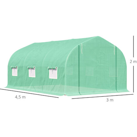 Outsunny Invernadero de Túnel 450x300x205 cm Invernadero de Jardín con 6 Ventanas Cubierta de Polietileno PE 140 g/m² y Estructura de Acero para Cultivo Plantas Jardín Terraza Verde