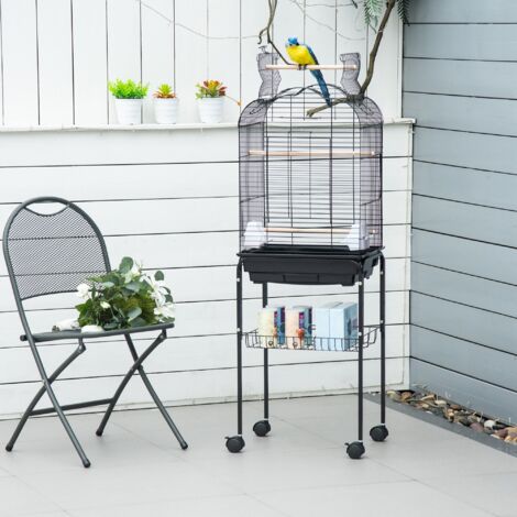 PawHut Jaula para Pájaros con Soporte Jaula de Aves Canarios con 4 Ruedas Techo Abrible 2 Comederos 3 Perchas Bandeja Extraíble y Estante Inferior 46x36x130 cm Negro (1/5)