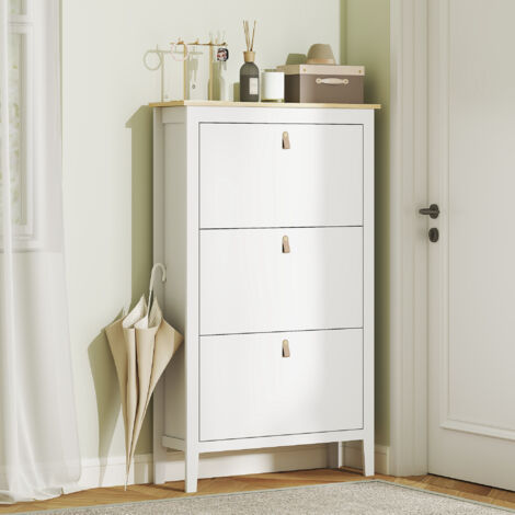 Zapatero Estrecho con 3 Compartimentos y Tiradores de Cuero PU para Pasillos y Recibidores 80x24x131 cm Blanco y Madera (1/5)