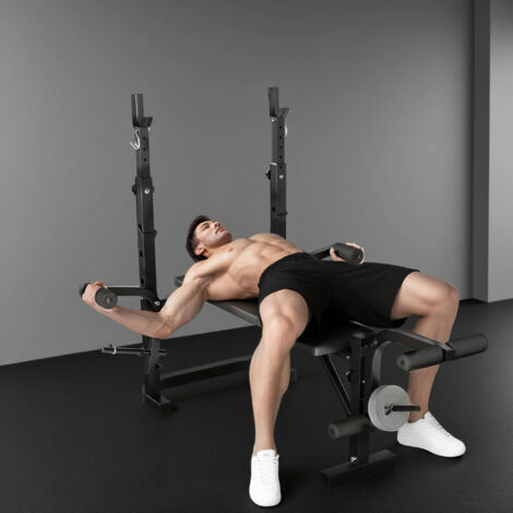 Banco de Musculación con Soporte para Barra Ajustable Extensión de Piernas Curl de Predicador y Mariposa para Gimnasio (1/5)