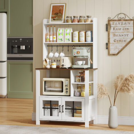 Alacena de Cocina con 6 Ganchos para Tazas 2 Puertas de Vidrio Estantes Abiertos 80x40x152 cm Blanco