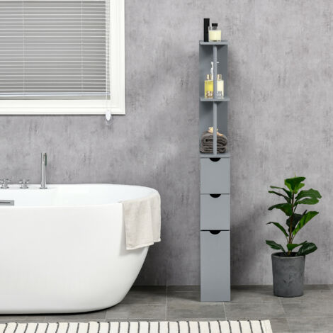 Columna de Baño Moderno Mueble Auxiliar de Baño con 2 Estantes 2 Cajones y 1 Puerta Antivuelco 15x33x136,8 cm Gris (1/5)