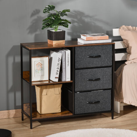 HOMCOM Cajonera de Tela Estrecha, Cómoda de Tela con 3 Cajones Plegables, 2 Estantes Abiertos y Amplia Encimera, Cómoda para Dormitorio, Salón y Pasillo, Marrón Rústico y Gris Oscuro (1/5)