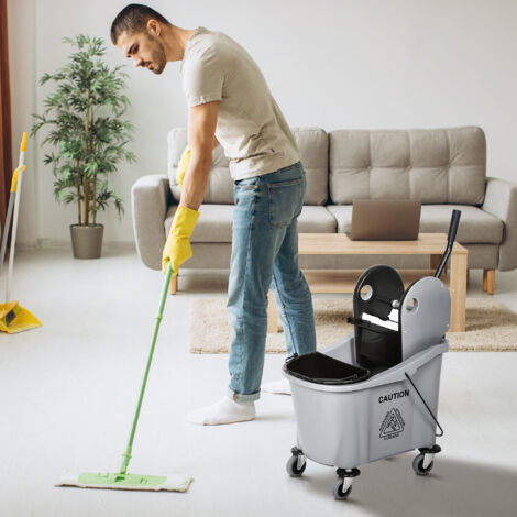 Cubo de Fregona con Ruedas 36L Carro de Limpieza con Escurridor de Presión y 2 Cubetas Separadas 54x41x91,5cm Gris