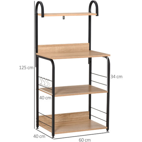 Estantería de Cocina de 4 Niveles con Ganchos Estantería para Microondas 60x40x125 cm Madera Natural (1/5)