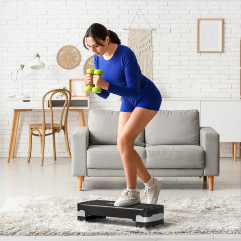 HOMCOM Step para Fitness Stepper Aeróbic Step de Aeróbic Antideslizante con Altura Regulable 2 Niveles de 10/15 cm Carga 150 kg para Ejercicio en Casa Gimnasio 68x29x15 cm Negro