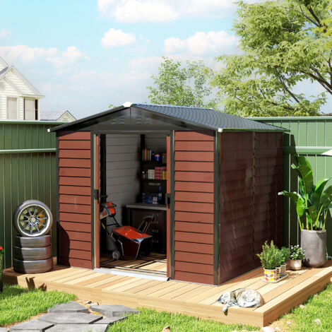 Cobertizo de Jardín Exterior 4,4 m² 240x206x198 cm con Base Puerta Corredera y Cerradura Armario para Jardín Teca (1/5)