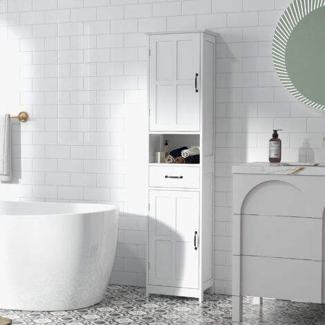 Columna de Baño con 2 Puertas 1 Cajón Estante Abierto y 2 Armarios con Estante Ajustable 40x30x164 cm Blanco