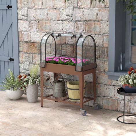 Huerto Urbano Elevado 80x40x120 cm con Cubierta de Invernadero y Estante Inferior para Cultivo Plantas Flores Marrón