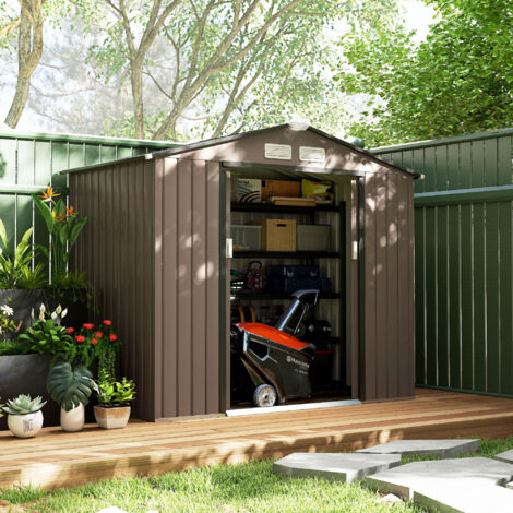 Caseta de Jardín Exterior con Base de Refuerzo Sin Suelo 213x130x185 cm con 2 Puertas Correderas y 4 Ventanas Marrón