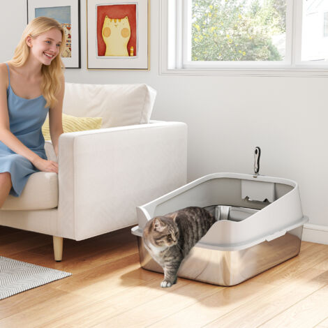 Arenero para Gatos de Acero Inoxidable XXL con Borde Alto Pala Fácil de Limpiar Prueba de Fugas 70x50x30 cm Gris (1/5)