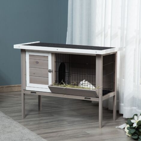 PawHut Conejera de Madera Exterior Jaula Elevada para Conejos Cobayas Animales Pequeños con Techo Asfáltico Abatible Comedero Bandejas Extraíbles y 2 Puertas 91x46x71 cm Gris