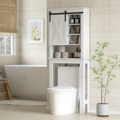 Mueble sobre Inodoro para el Baño con Puerta Corredera de Granero y 6 Compartimentos Estilo Rústico 67x25x172 cm Blanco