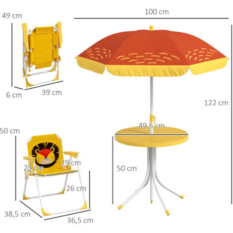 Set de 2 Sillas Plegables y Mesa para Niños Mesa con Sombrilla Ajustable en Altura Temática de León para Jardín Amarillo (1/5)