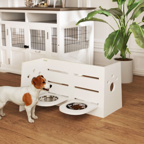Comedero Elevado Doble para Perros con Altura Ajustable y Sistema de Alimentación Lenta 63x58,5x40 cm Blanco (1/5)