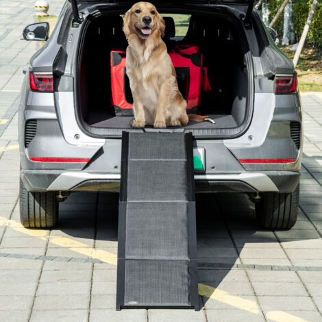 Rampa Plegable para Perros de Aluminio con Superficie Antideslizante Asa y Gancho Carga 80 kg 158x43,5x2,5 cm Negro