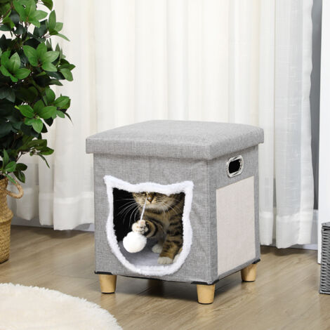 2 en 1 Reposapiés Cama para Gatos con Cojín Extraíble Bola Colgante y Almohadilla para Rascar 35,5x35,5x42,5 cm Gris (1/5)