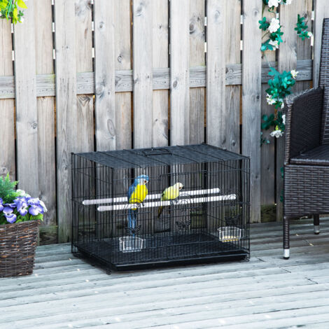 PawHut Jaula para Pájaros 60x41x41 cm Pajarera de Metal con Comederos 2 Perchas 3 Puertas y Asa de Transporte para Pájaros Pequeños Canarios Cotorras Negro (1/5)