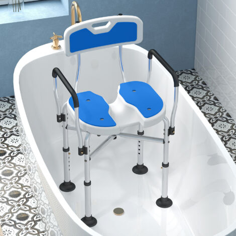 Silla de Ducha con Asiento Ranurado Altura Regulable Antideslizante Respaldo y Reposabrazos Carga 136 kg Azul (1/5)