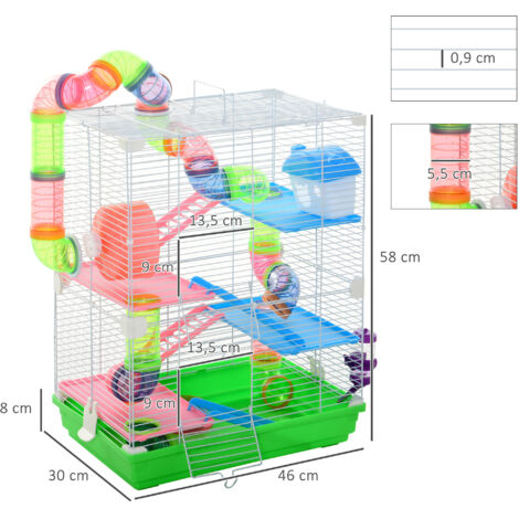 PawHut Jaula para Hámster Casa para Animales Pequeños con Túnel Plataformas Cuenco Bebedero Casita Rampas y Rueda de Ejercicio 46x30x58cm Verde y Blanco (1/5)