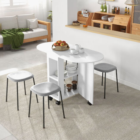 Mesa de Comedor Plegable con Ruedas Mesa de Cocina con Alas Abatibles y 2 Estantes Abiertos 120x60x77 cm Blanco
