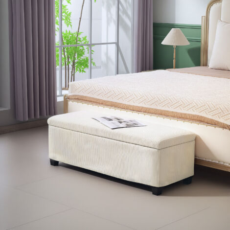 Banco Almacenaje Capacidad de 84 L 112x42x40cm Tapizado en Pana Pie de Cama para Sala de Estar Dormitorio Beige