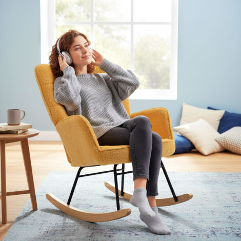 Silla Mecedora de Borreguito Sillón Balancín Oscilante 40° con Patas de Madera de Haya Carga 120 kg 71x98x101cm Amarillo (1/5)