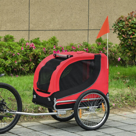 PawHut Remolque Bicicleta Perros Mascota 1 Bandera 8 Reflectores Remolque Bici 130x73x90 cm Rojo Negro (1/5)