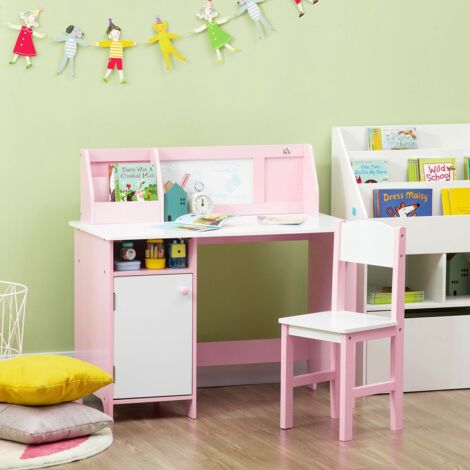 HOMCOM Escritorio Infantil de Madera con Silla y Mesa con Organizador y Pizarra Blanca para +5 Años 90x45x85 cm Rosa