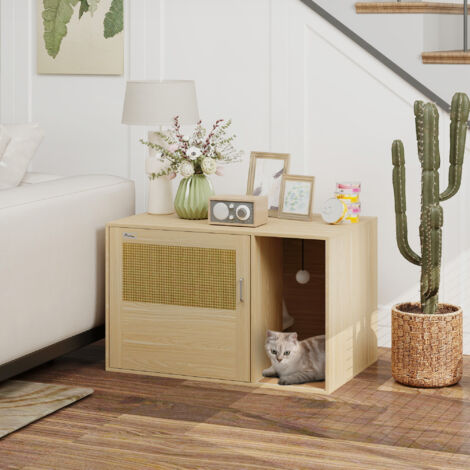 Mueble Arenero para Gatos Caja de Arena para Gatos con Almohadilla para Rascar y Puerta de Ratán 80x50x50 cm Roble