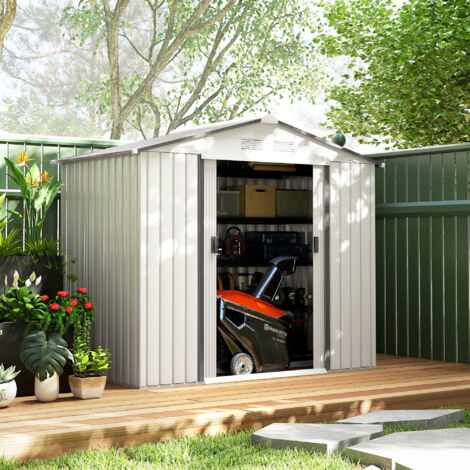 Outsunny Caseta de Jardín 213x130x185 cm Cobertizo Metálico de Exterior para Almacenamiento de Herramientas Blanco