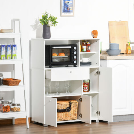 HOMCOM Mueble Auxiliar de Cocina Mueble para Microondas Aparador de Cocina con Cajón Estantes 3 Puertas 3 Compartimientos Diseño Anti-vuelco para Comedor 90x40x120 cm Blanco
