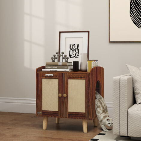 Mueble Arenero para Gatos Mesa Auxiliar con Puertas con Esteras de Sisal para Salón Dormitorio 55x43x59,6 cm Marrón